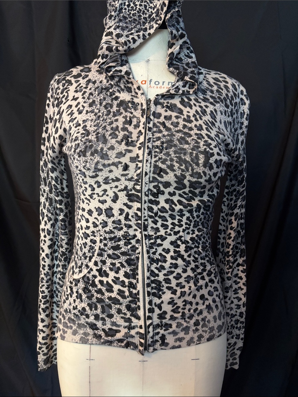 Leopard Print Zip Hoodie - Black & Cream